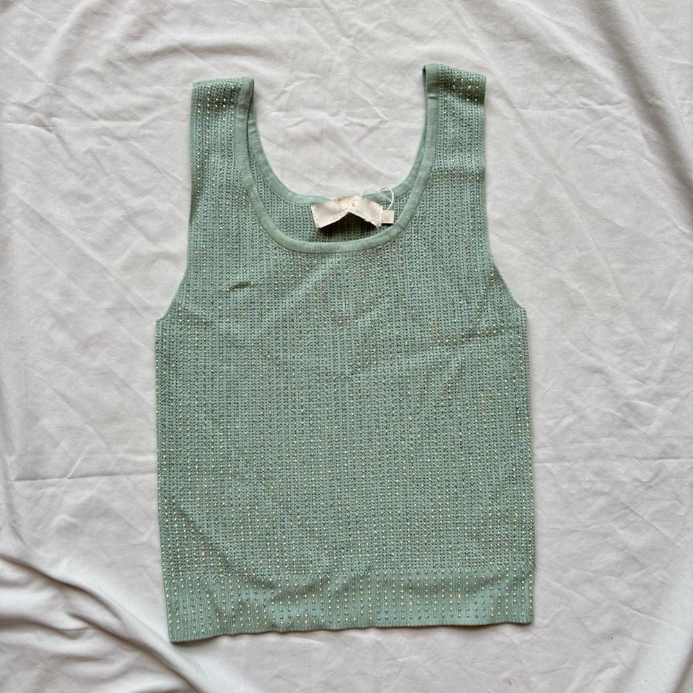 new with tags macy’s teal green rhinestone beaded sequin ribbed cami tank top